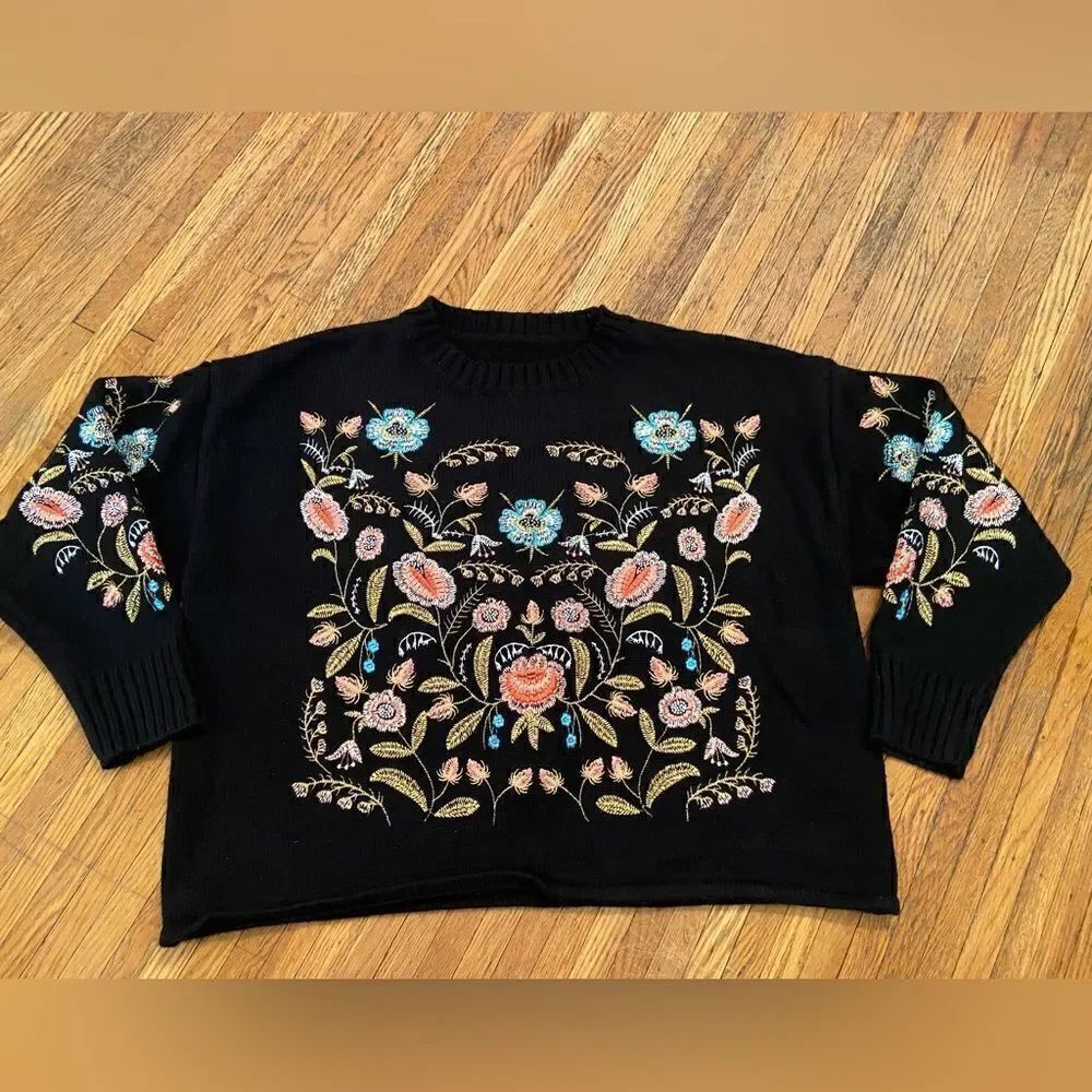 Black embroidered floral sweater